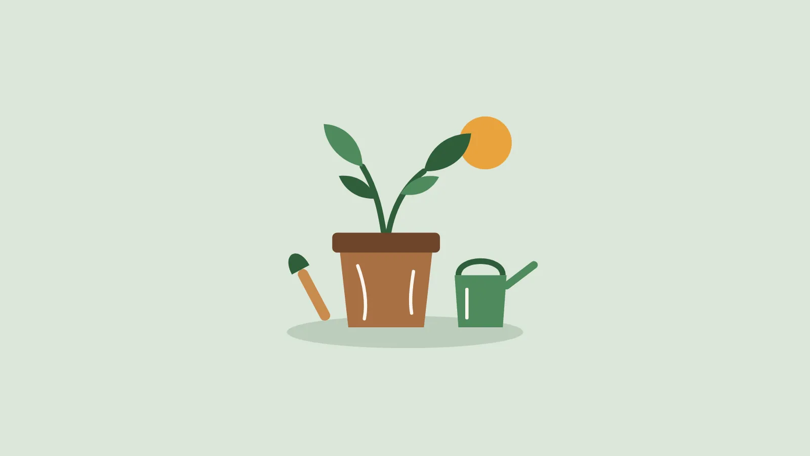 A terracotta-style pot with a sprouting seedling, a watering can and a garden trowel.
