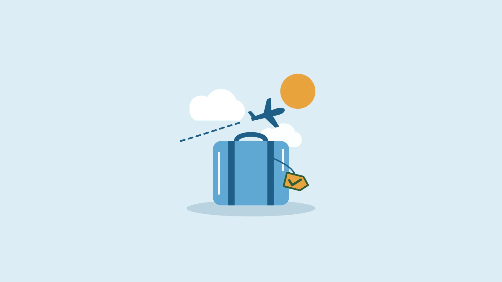 A striped suitcase with a tick-marked luggage tag, clouds, a sun and a plain plane silhouette.